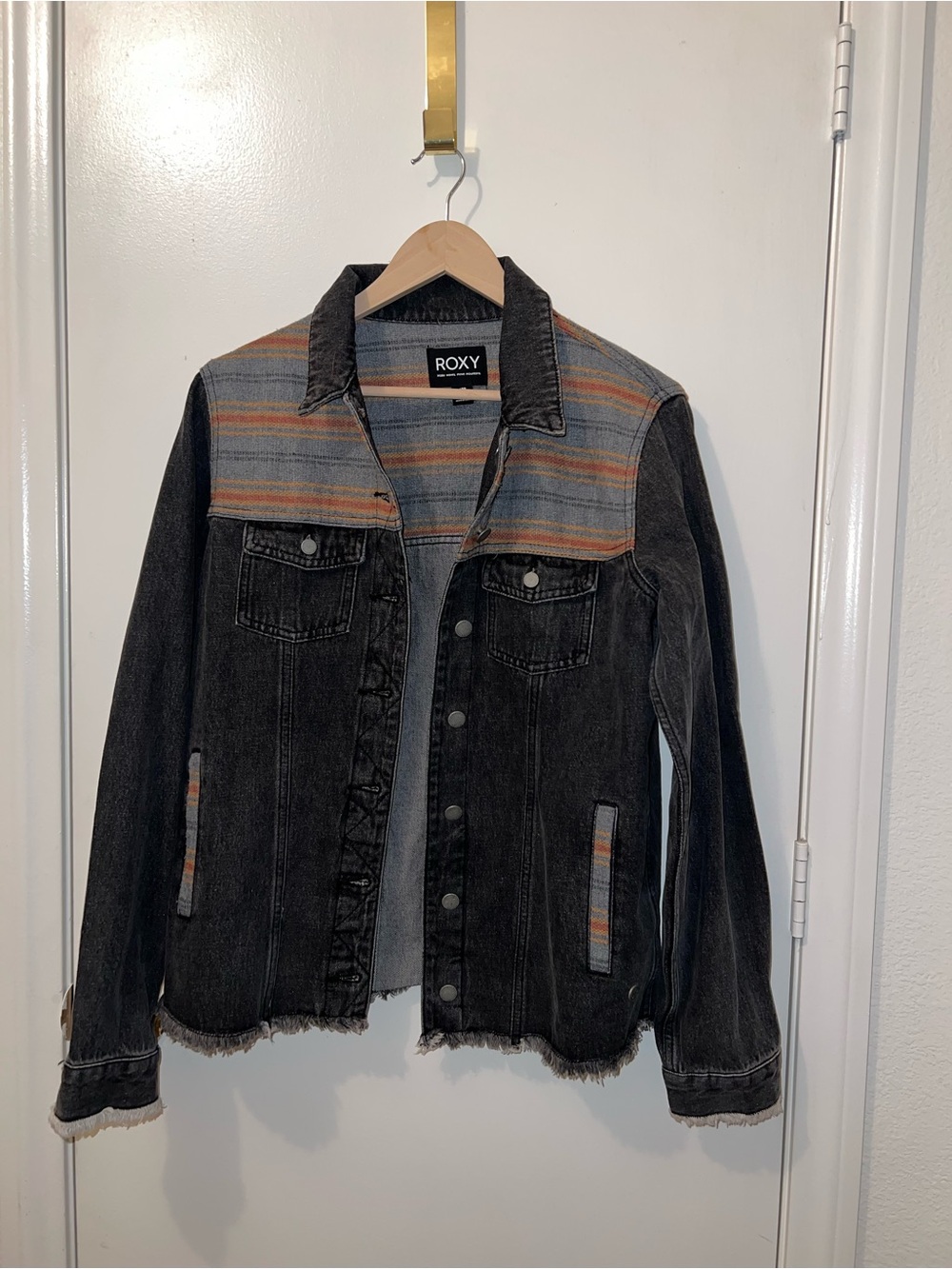 Roxy Washed Black Denim Jacket with Multicolor Striped Yoke